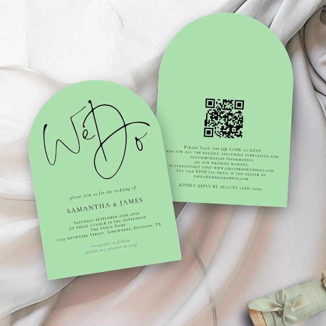 We Do Script QR Code Celadon Green Wedding Arch Invitation (Front and back view)
