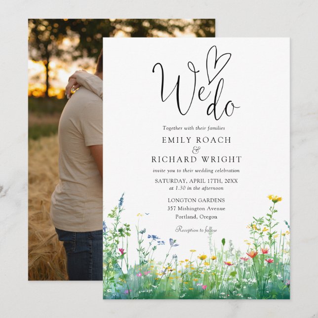 We Do Script Wildflowers Floral Photo Wedding Invitation (Front/Back)
