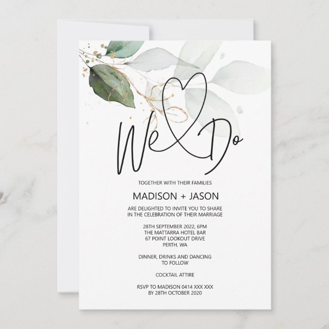 We Do Simple Modern Wedding Elegant Eucalyptus Invitation (Front)