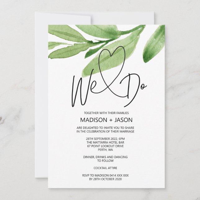 We Do Simple Modern Wedding Greenery Leaves Invitation (Front)