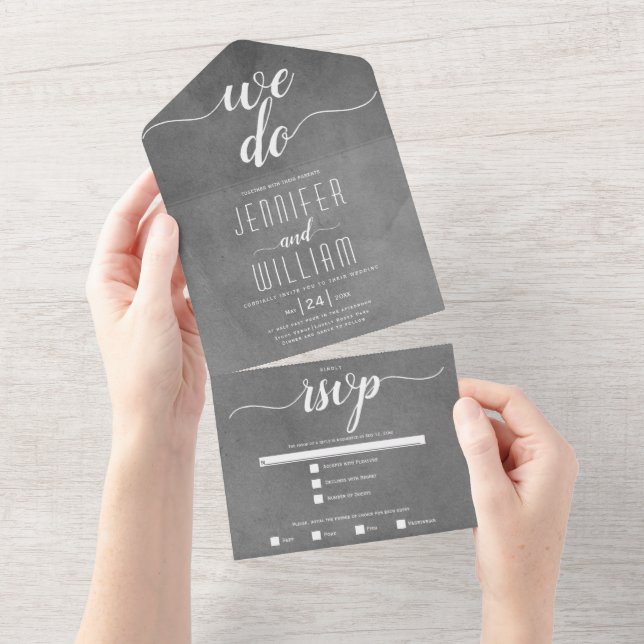 "We do" stained grey, script calligraphy wedding All In One Invitation (Tearaway)