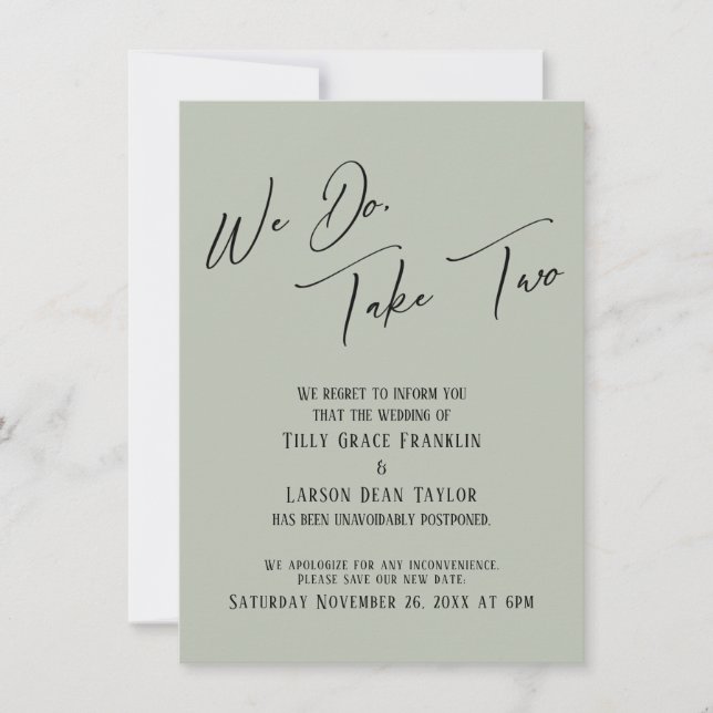We Do, Take Two: Delayed Wedding Sage Green Invitation (Front)