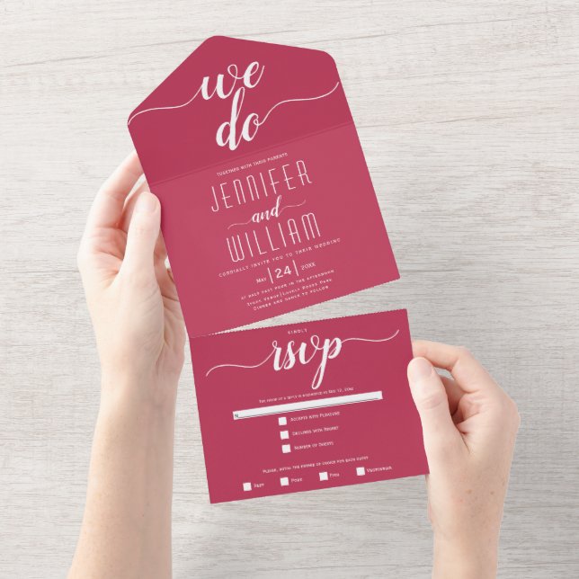 "We do" viva magenta script calligraphy wedding All In One Invitation (Tearaway)