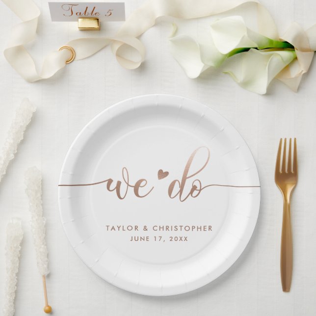 We Do | Wedding Day Modern Metallic Script White Paper Plate (Wedding)