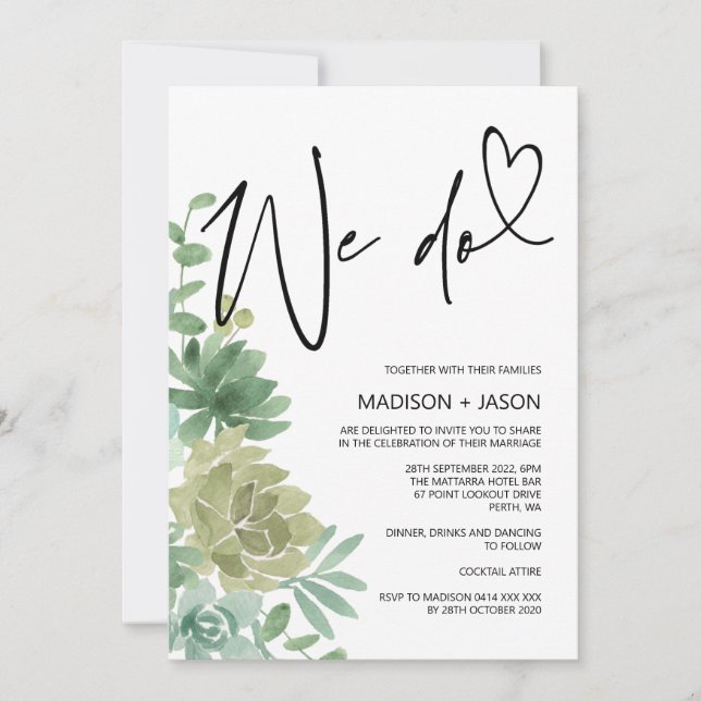 We Do Wedding Simple Modern Greenery Succulents Invitation (Front)