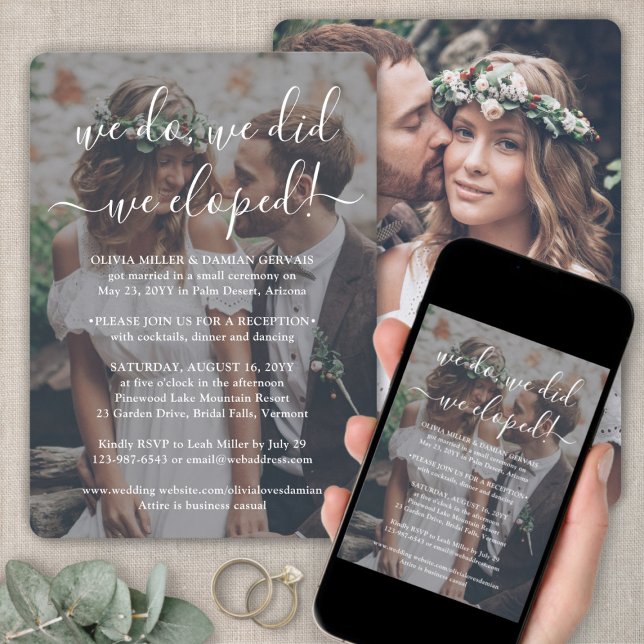 We Eloped 2 Photo Overlay Wedding Reception White Invitation (Creator Uploaded)