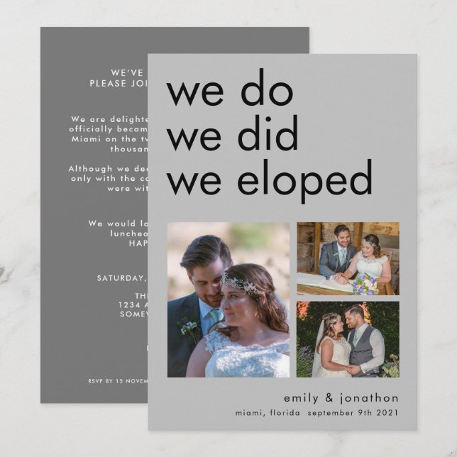 We Eloped 3 Photos Announcement Invitation grey (Front/Back)