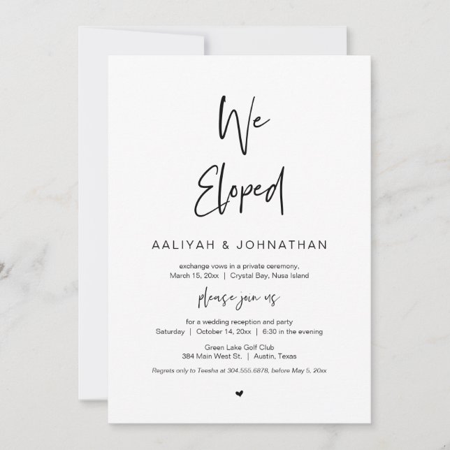 We eloped, Black font, Wedding Elopement Party Invitation (Front)