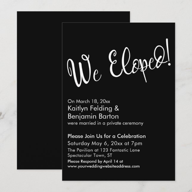 We Eloped! Black Modern Post Wedding Celebration Invitation (Front/Back)