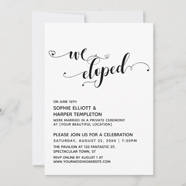 We Eloped Black & White Script w/ Hearts Reception Invitation (Front)