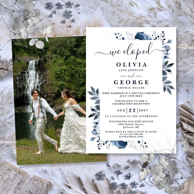 We Eloped Blue Botanical Floral Elopement Photo Invitation (We Eloped Blue Botanical Floral Elopement Photo Invitation)