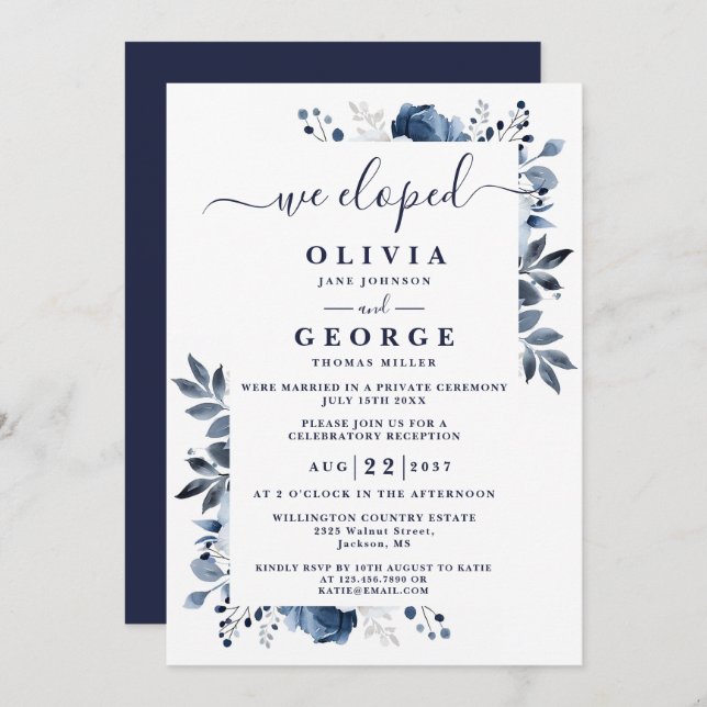 We Eloped Blue Botanical Floral Wedding Elopement Invitation (Front/Back)