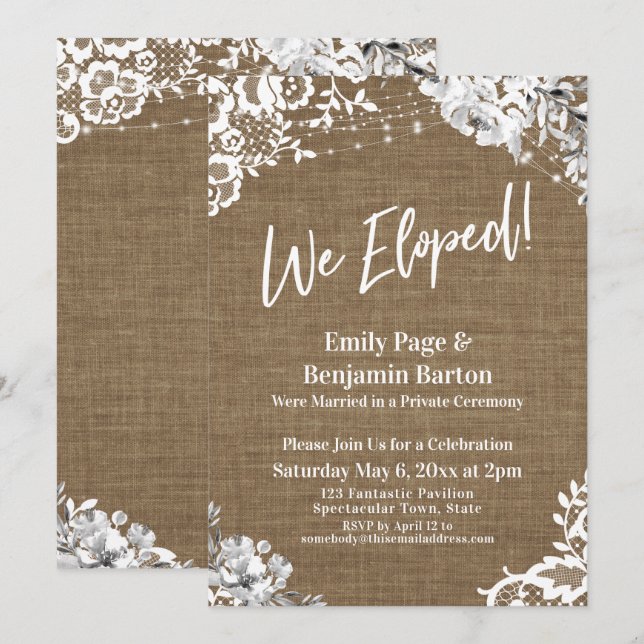 We Eloped Casual Script, Burlap Lace Lights Floral Invitation (Front/Back)