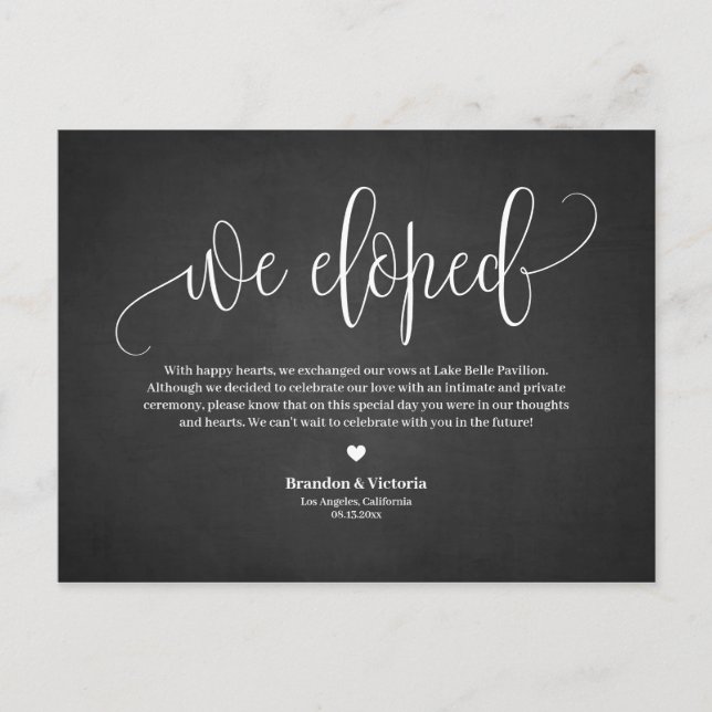 We Eloped | Chalkboard Pretty Script Elopement Announcement Postcard (Front)