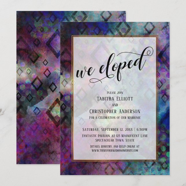 We Eloped Colourful Modern Abstract, Gold Borders Invitation (Front/Back)