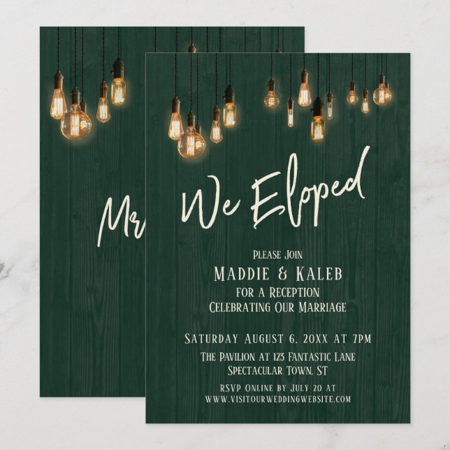 We Eloped Dark Green Rustic Wood Edison Lightbulbs Invitation (Front/Back)