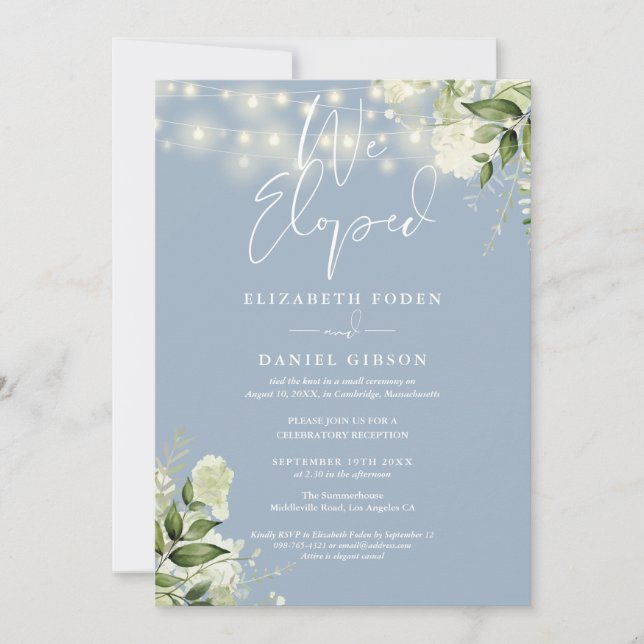 We Eloped Dusty Blue Wedding Vows Greenery Party Invitation (Front)