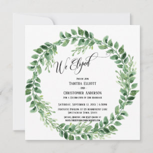 We Eloped Elaborate Script Green Wreath Invitation