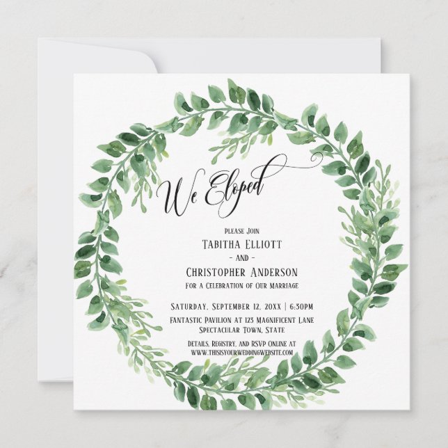 We Eloped Elaborate Script Green Wreath Invitation (Front)