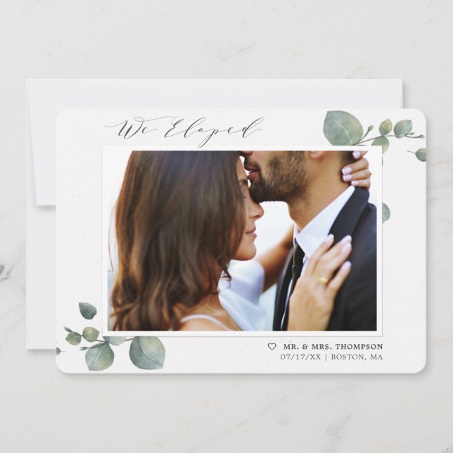 We Eloped Elegant Eucalyptus Photo Wedding Announcement (Front)