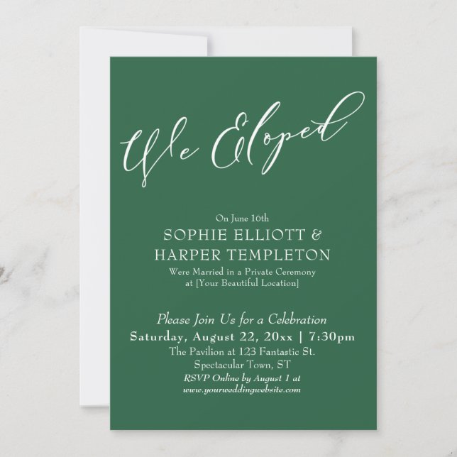 We Eloped, Elegant Simple Leaf Green Celebration Invitation (Front)