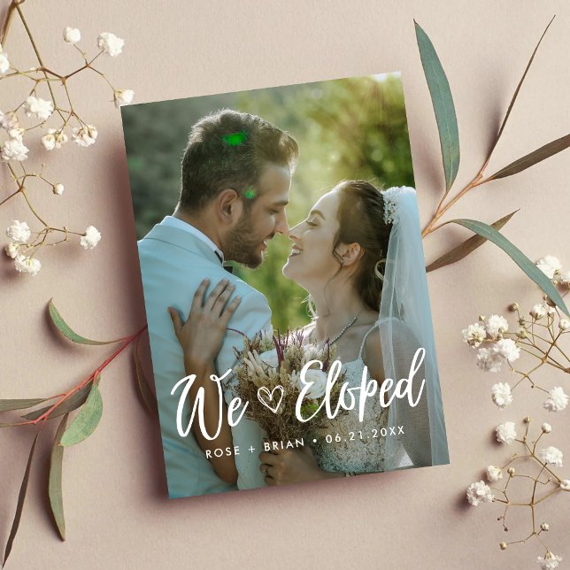 We Eloped Elegant White Script Wedding Photo  Announcement (Creator Uploaded)