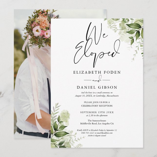 We Eloped Floral Greenery Photo Wedding Party Invitation (Front/Back)