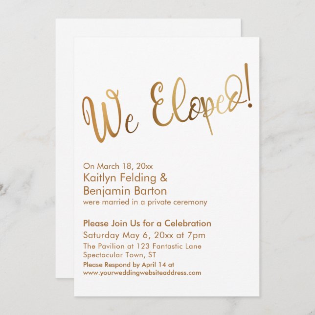 We Eloped! Gold and White Post Wedding Celebration Invitation (Front/Back)