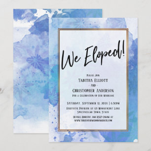 We Eloped! Gold Border Abstract Blue Splashes Invitation