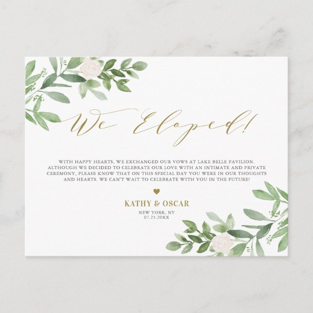 We Eloped | Greenery and White Flowers Elopement Announcement Postcard (Front)