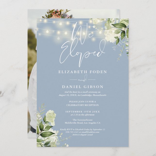 We Eloped Greenery Dusty Blue Photo Wedding Party Invitation (Front/Back)