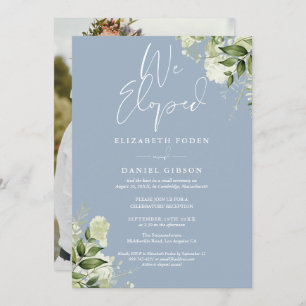We Eloped Greenery Dusty Blue Photo Wedding Party Invitation
