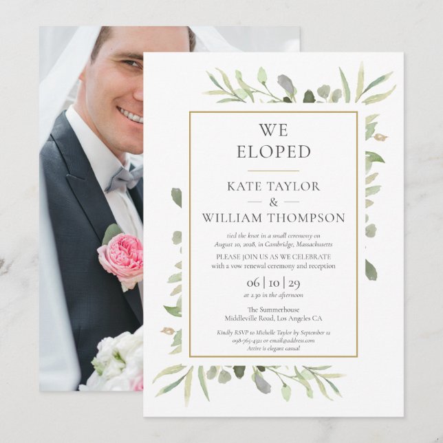 We Eloped Greenery Photo Wedding Invitation (Front/Back)