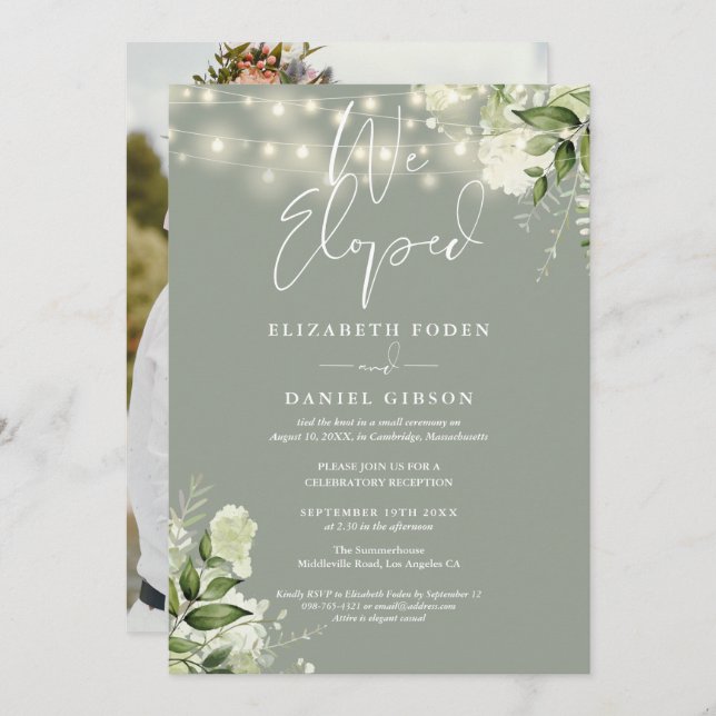 We Eloped Greenery Sage Green Photo Wedding Party Invitation (Front/Back)