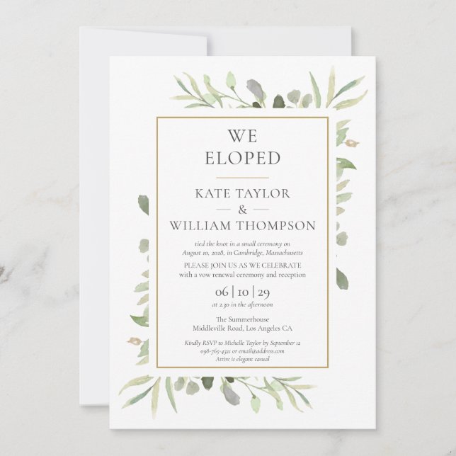 We Eloped Greenery Wedding Vows Invitation (Front)