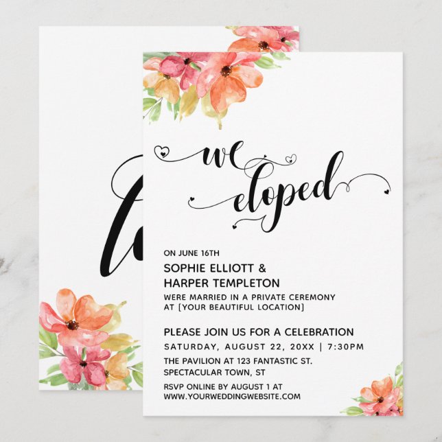 We Eloped Hearts Script Watercolor Flowers Invitation (Front/Back)