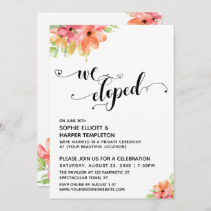 We Eloped Hearts Script Watercolor Flowers Invitation
