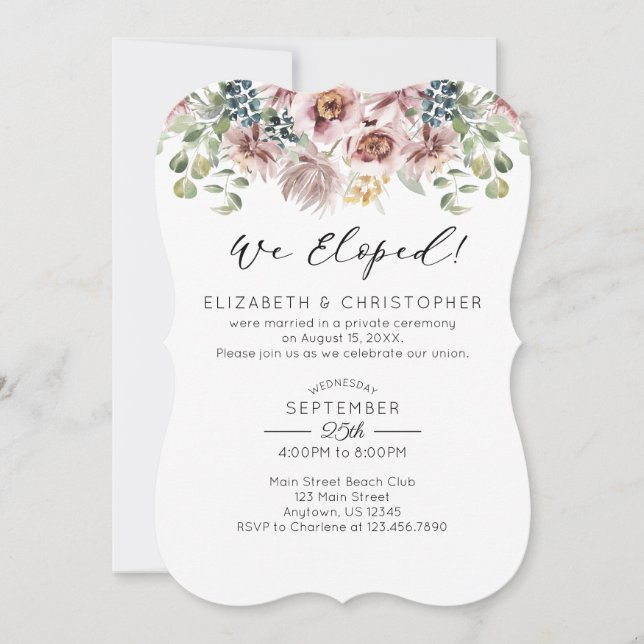 We Eloped Mauve Peonies Floral Wedding Elopement Invitation (Front)