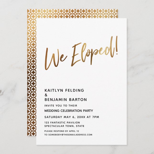 We Eloped! Minimal Gold Calligraphy Celebration Invitation (Front/Back)