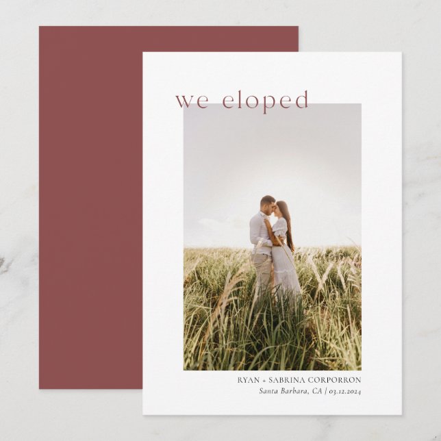 We Eloped Modern Minimalist Cinnamon Announcement (Front/Back)