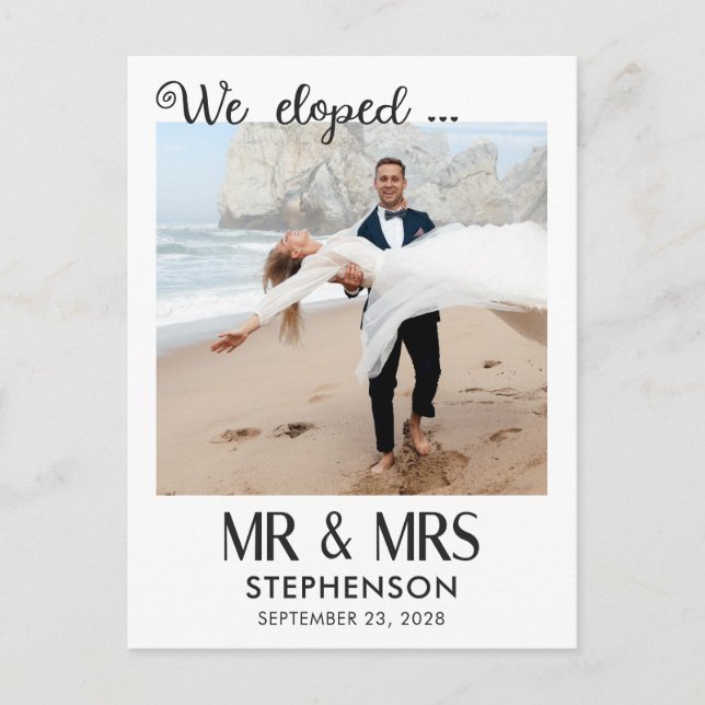 We eloped modern minimalist photo announcement postcard (Front)