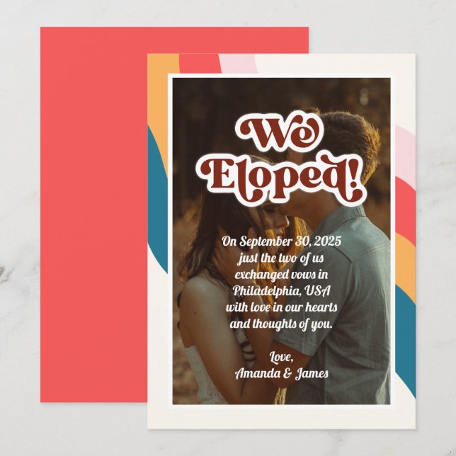 We Eloped Modern Photo Groovy Retro 70s Wedding Announcement (Front/Back)