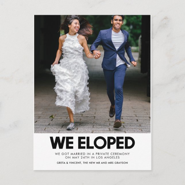 We eloped Modern wedding photo announcement Postcard (Front)