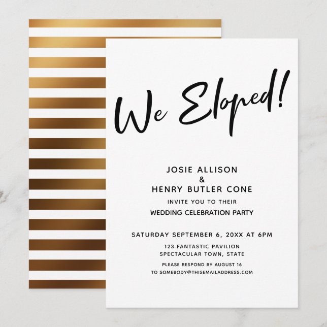 We Eloped! Modern Wedding Reception + Gold Stripes Invitation (Front/Back)
