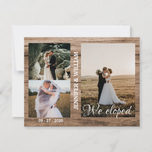 We Eloped Photo Collage Wood Wedding Announcement 