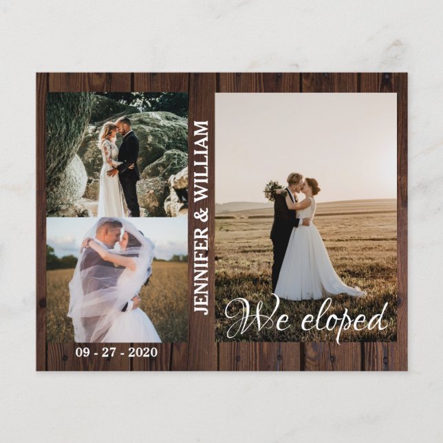 We Eloped Photo Collage Wood Wedding Announcement  (Front)