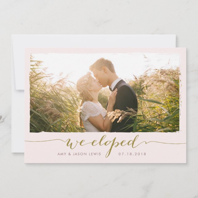 We Eloped | photo wedding announcement, faux gold Invitation (Front)