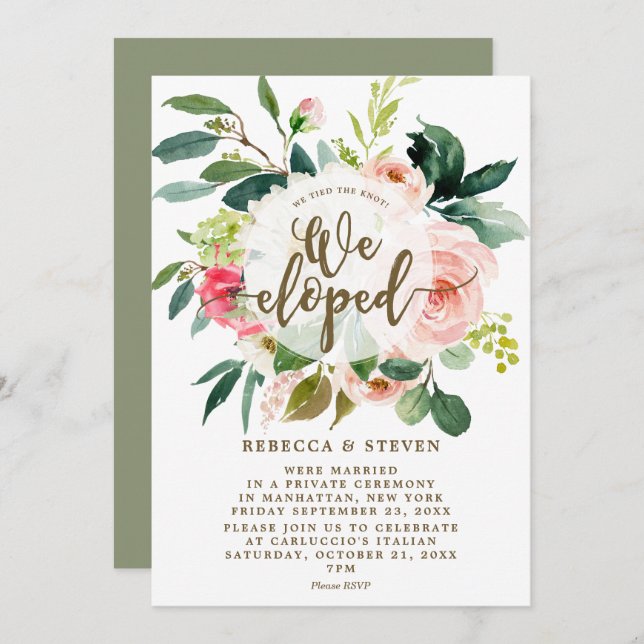 we eloped pink floral greenery modern invitation (Front/Back)