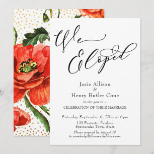 We Eloped Reception, Red Poppies Gold Confetti Invitation
