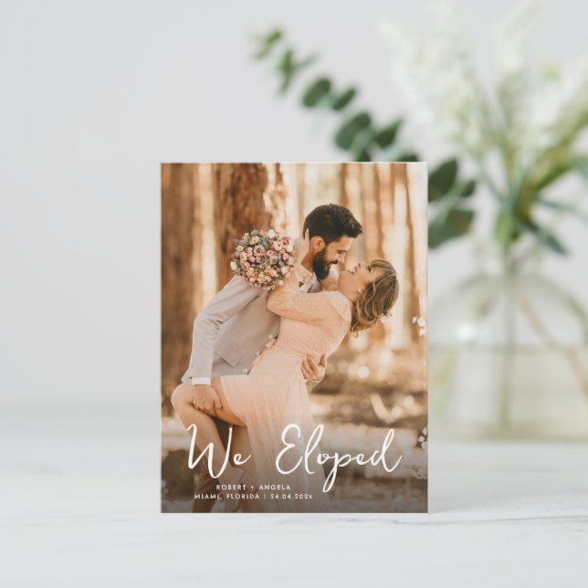 we eloped romantic wedding announcement postcard (Standing Front)
